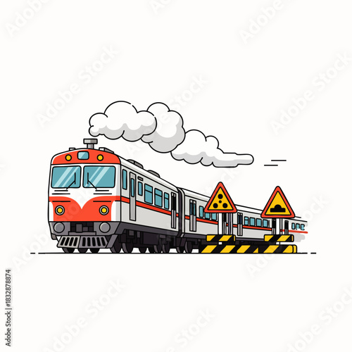 A stylized vector illustration shows a classic passenger train approaching a railroad crossing, complete with warning signs and safety barriers.