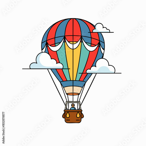 A vibrant, cartoon-style hot air balloon with a pilot soaring through a clear blue sky, symbolizing adventure, exploration, and the joy of travel.
