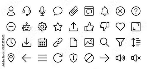 Interface and navigation line icon set. Vector pictograms of user profile, chat, settings, calendar, and security, thin linear illustration.
