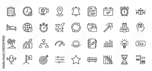 Time management and planning line icon set. Vector pictograms of clock, calendar, checklist, alarm, and schedule, thin linear illustration.