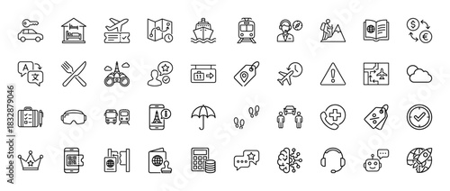 Travel and tourism line icon set. Vector pictograms of car key, map, airplane, ship, train, and luggage, thin linear illustration.