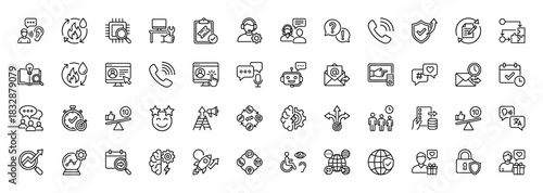Customer service and support line icon set. Vector pictograms of call center agent, chatbot, feedback, help desk, technical assistance and crm, thin linear illustration.