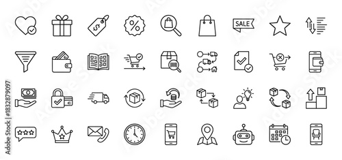 E-commerce and shopping line icon set. Vector pictograms of delivery, payment, return, shopping cart, and customer support, thin linear illustration.