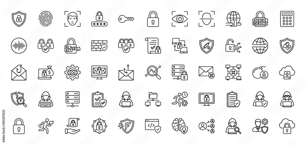 Fototapeta premium Cybersecurity line icon set. Vector pictograms of shield, padlock, fingerprint, hacking, and encryption, thin linear illustration.