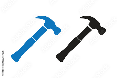 Two hammers, one in blue and the other in black, are positioned diagonally on a, creating a simple yet striking visual composition isolated on