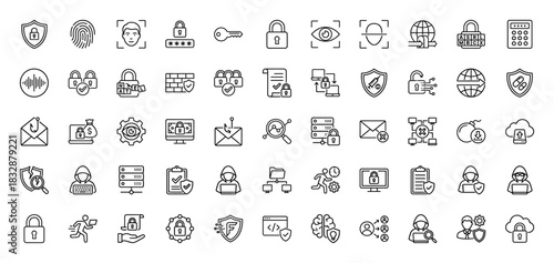 Cybersecurity line icon set. Vector pictograms of shield, padlock, fingerprint, hacking, and encryption, thin linear illustration.