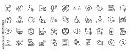 App and web interface line icon set. Vector pictograms of settings, user, calendar, security, accessibility, handshake, alarm, and smart home, thin linear illustration.