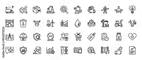 Business and industry line icon set. Vector pictograms of delivery, logistics, technology, agriculture, finance, and healthcare, thin linear illustration.