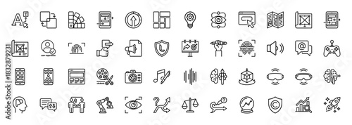 Creative and technology line icon set. Vector pictograms of design, user experience, brand, robotics, and virtual reality, thin linear illustration.