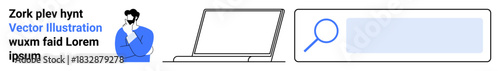 Online search, information retrieval, data analysis, browsing, user interface design, digital work. Illustration of laptop, person pondering and a search bar. Online search and information retrieval