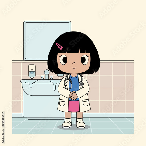 Cute Little Girl Doctor with Stethoscope in Exam Room Cartoon