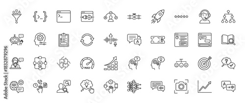 Artificial intelligence and machine learning line icon set. Vector pictograms of chat bot, neural network, translation, and data analysis, thin linear illustration.