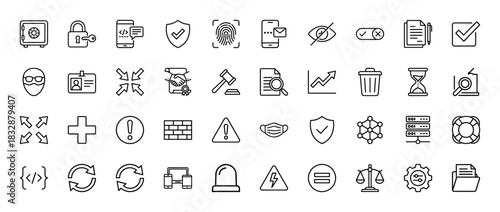 Security and legal line icon set. Vector pictograms of safe, padlock, fingerprint, hacker, gavel, contract, firewall, server, thin linear illustration.