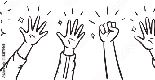 Black and white line drawing of four raised hands and fists