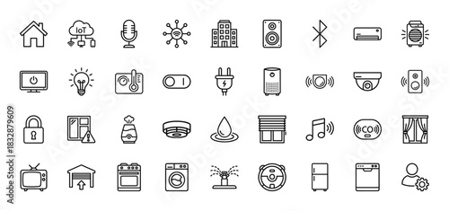 Smart home and internet of things line icon set. Vector pictograms of thermostat, light bulb, security camera, and appliances, thin linear illustration.