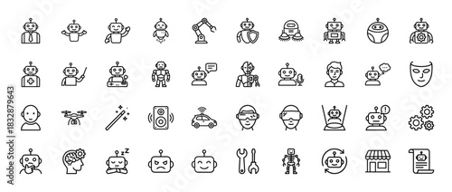 Artificial intelligence and robotics line icon set. Vector pictograms of android, cyborg, chatbot, drone, arm, smart car and vr headset, thin linear illustration.