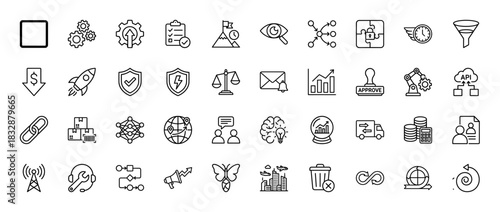 Business and strategy line icon set. Vector pictograms of settings, checklist, target, growth, and security, thin linear illustration.