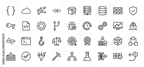 Software development and DevOps line icon set. Vector pictograms of code, cloud, server, database, firewall, shield, bug, container, algorithm, thin linear illustration.