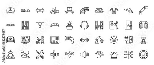 Industrial logistics and automation line icon set. Vector pictograms of autonomous vehicle, conveyor, forklift, robot, and scanner, thin linear illustration.