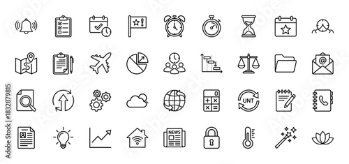 Business management line icon set. Vector pictograms of schedule, strategy, chart, time, finance, document, communication and process, thin linear illustration.