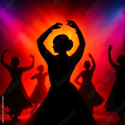 A silhouette of a classical dancer in a group dancing pose