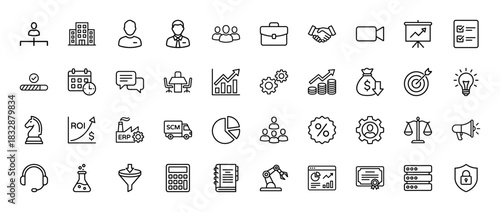 Business and finance line icon set. Vector pictograms of briefcase, handshake, target, chart, gears, calendar, building, team, funnel, strategy, thin linear illustration.