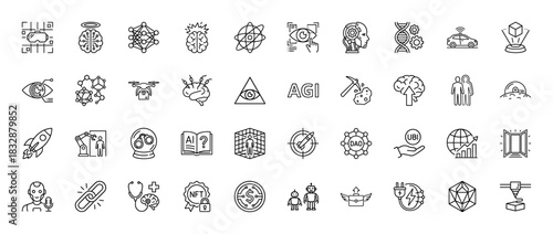 Future technology line icon set. Vector pictograms of artificial intelligence, robot, drone, blockchain, car, rocket, dna, hologram, and vr, thin linear illustration.