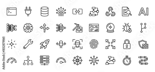 Artificial intelligence line icon set. Vector pictograms of neural network, machine learning, brain, data mining, algorithm, biometrics, cloud, thin linear illustration.