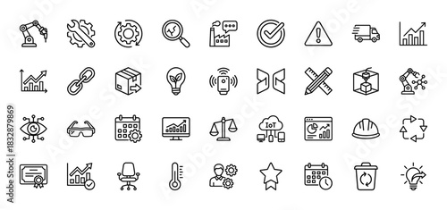 Industrial manufacturing line icon set. Vector pictograms of robotic arm, factory, gear, truck, 3d printer, iot cloud, hard hat, and chart, thin linear illustration.