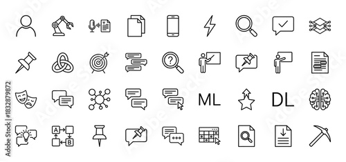 Artificial intelligence and machine learning line icon set. Vector pictograms of robotics, data analysis, deep learning, and communication, thin linear illustration.