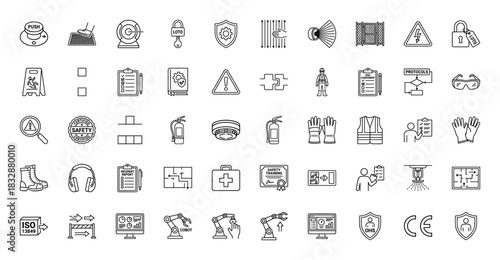 Industrial safety and occupational health line icon set. Vector pictograms of push button, checklist, fire extinguisher, cobot, and personal protective equipment, thin linear illustration.