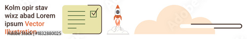 Productivity, project management, startup launch, business goals, progress tracking, innovation. Checklist, rocket cloud progress bar on light background. Project management and productivity