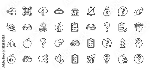 Technology and innovation line icon set. Vector pictograms of vr headset, robot, diet fruit, growth arrow, smart glasses, cloud, question mark, thin linear illustration