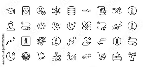 Interface and technology line icon set. Vector pictograms of database, process, info, moon, network, chart, automation, user, AI, timeline, thin linear illustration.