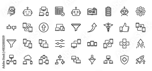 Technology and communication line icon set. Vector pictograms of bot, funnel, synchronization, network, cloud, battery, and medical cross, thin linear illustration.