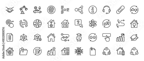 Technology and smart home line icon set. Vector pictograms of robotics, fingerprint, data exchange, and learning concepts, thin linear illustration.
