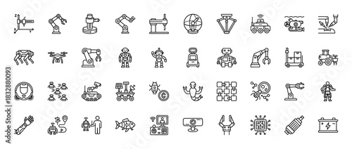 Robotics and automation line icon set. Vector pictograms of industrial arm, drone, humanoid, cleaner bot, and cyborg hand, thin linear illustration.