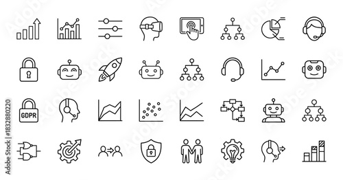 Artificial intelligence and business data line icon set. Vector pictograms of charts, robots, security, and vr headset, thin linear illustration.