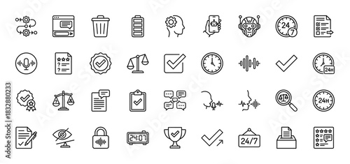 Quality assurance and process icons line set. Vector pictograms of settings, check marks, time, voice, and balance, thin linear illustration.