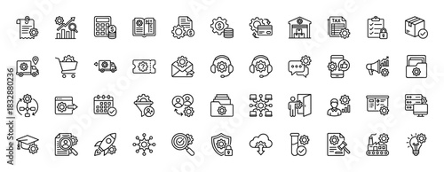 Business and management line icon set. Vector pictograms of settings, finance, analytics, logistics, and data, thin linear illustration.