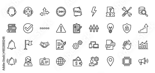 Customer service and business line icon set. Vector pictograms of headset, chart, security, and document, thin linear illustration.