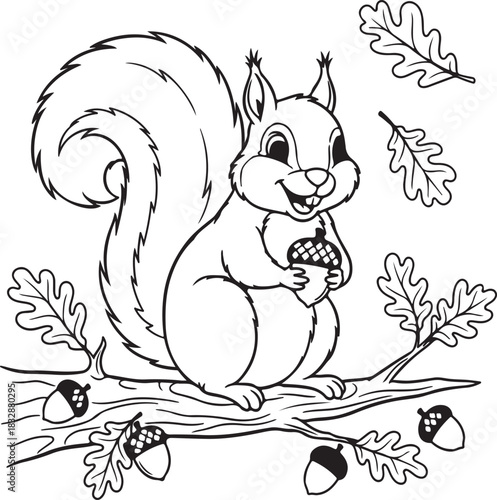 Cute squirrel holding an acorn on a tree branch, autumn forest animal, nature wildlife, black and white line art, natural setting