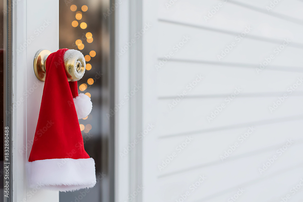 Fototapeta premium Santa Hat on Door Knob with Blurred Christmas Lights
