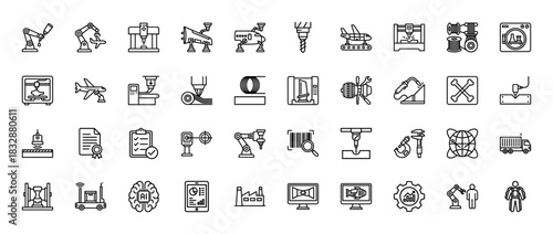 Industrial manufacturing line icon set. Vector pictograms of robotic arms, 3d printing, automation, and smart factory technology, thin linear illustration.
