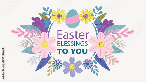 A beautiful floral wreath with an easter egg and the words easter blessings to you in pastel colors perfect for spring celebrations and holiday greetings