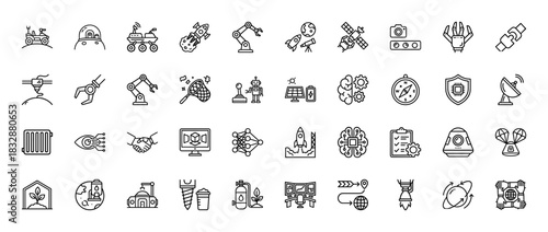 Space and robotics line icon set. Vector pictograms of rovers, rockets, capsules, and robotic arms, thin linear illustration.
