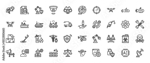 Defense and security line icon set. Vector pictograms of drone, tank, submarine, gear, and ai chip, thin linear illustration.