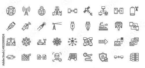Technology and networking line icon set. Vector pictograms of antenna, satellite, fiber optic, server, 5g, cloud, usb, firewall, api, thin linear illustration.
