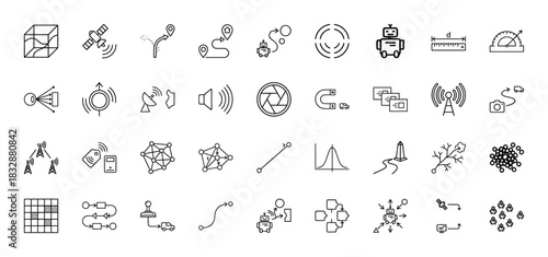 Robotics and navigation technology line icon set. Vector pictograms of satellite, radar, sensor, neural network, swarm, algorithm and automation, thin linear illustration.