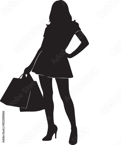 Fashionable woman silhouette with shopping bags in her hand and a stylish pose on an isolated transparent background